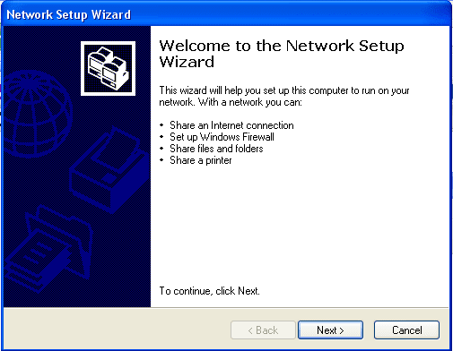 Go to the Start Menu, click Control Panel, and then Network Setup Wizard button. This is the first screen you'll see.