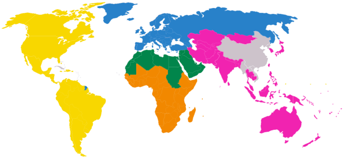 The map shows the regional divisions of the en:World Association of Girl Guides and Girl Scouts. Countries without Scouting or Guiding are marked in grey. Date 8 January 2006 (original upload date)