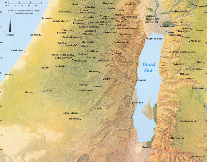 The Dead Sea is in the lowest depression on earth, it is 433 meters below the Mediterranean Sea that you can see on the left. This might sound strange but the people in these part of the world may have to walk up to the sea instead of down.