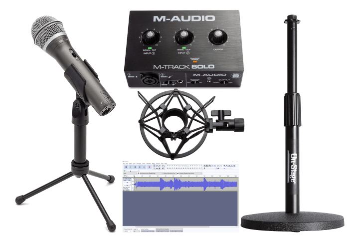 The Samson Q2U microphone and the M-Audio M-Track Solo are affordable entry-level options for podcasting, videos, and voiceovers. Complete your setup with an On-Stage stand and the Knox Microphone Shock Mount along with a DAW like Audacity or Reaper