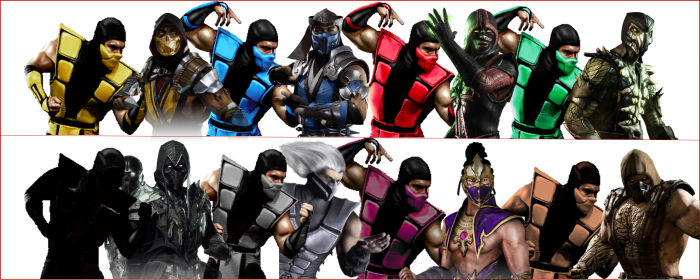 The many different ninjas and the colors of their clans over the years since their introduction into the franchise.