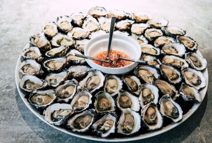 Fresh Siletz Bay Oysters, enjoyed raw or with sauce.