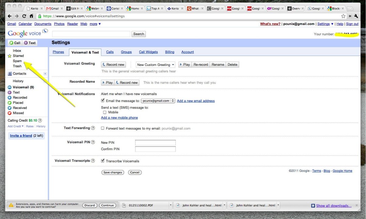 Google Voice spam folder