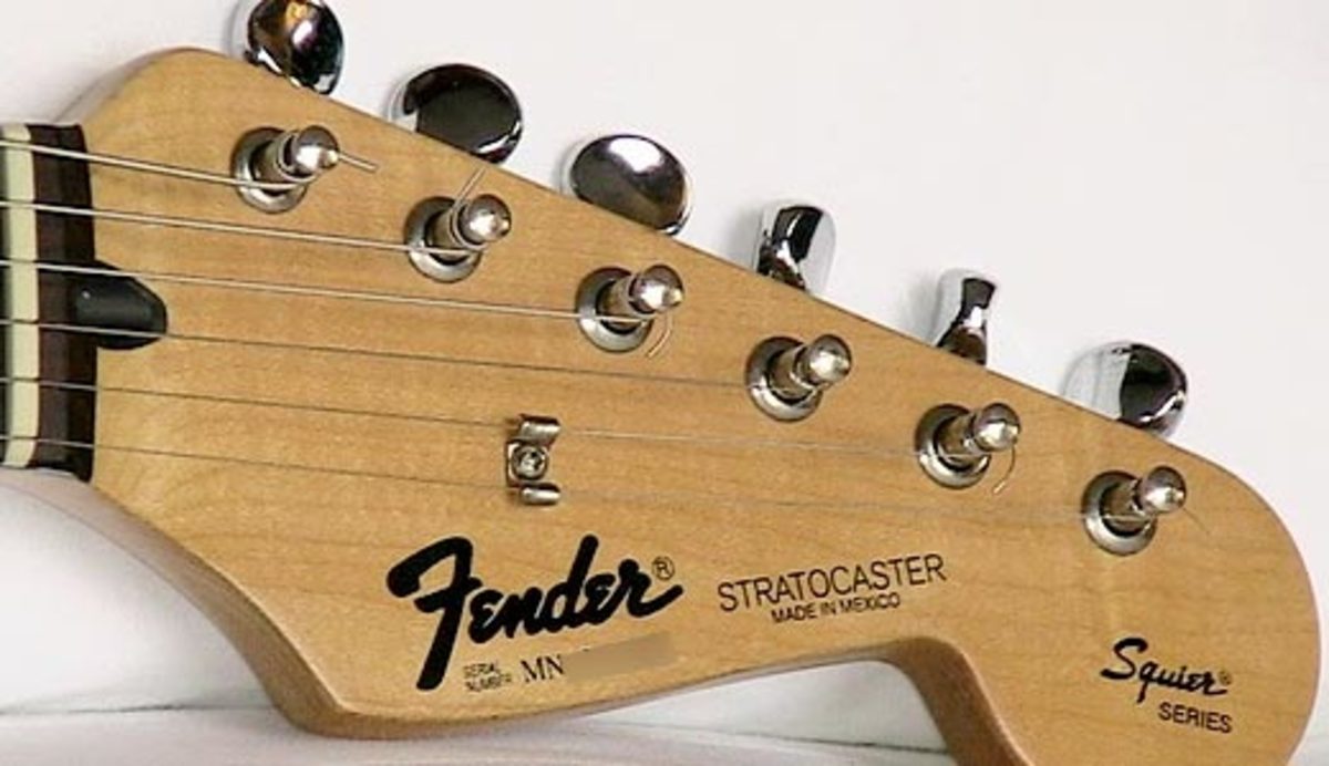 The black Fender label and the "Squier Series" markings typical of the guitar.