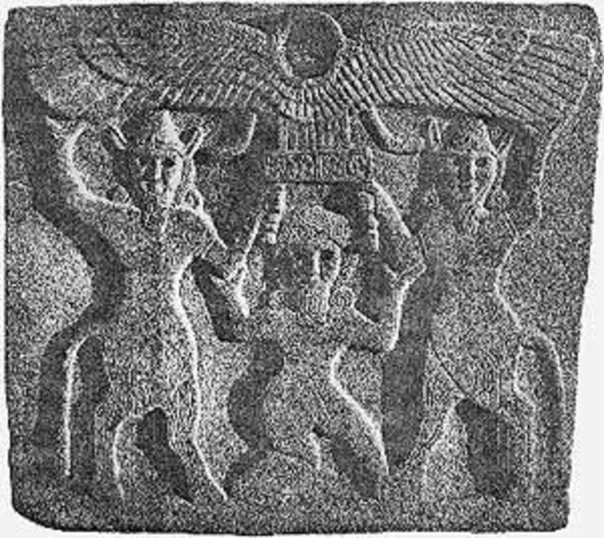 9th century BC orthostat relief found in Kapara's palace, Tell Halaf, depicting "Gilgamesh Between Two Bull-Men Supporting a Winged Sun Disk"