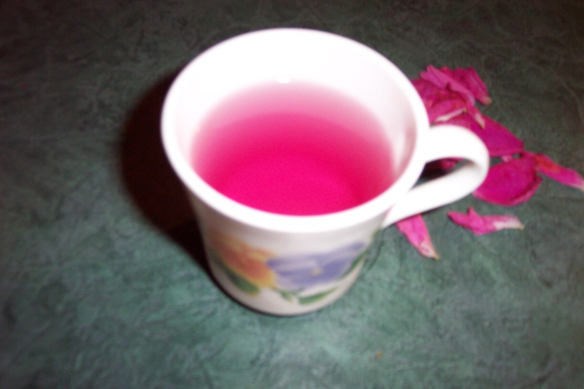 Cup of rose petal tea—pretty as a picture and tastes just as roses smell!