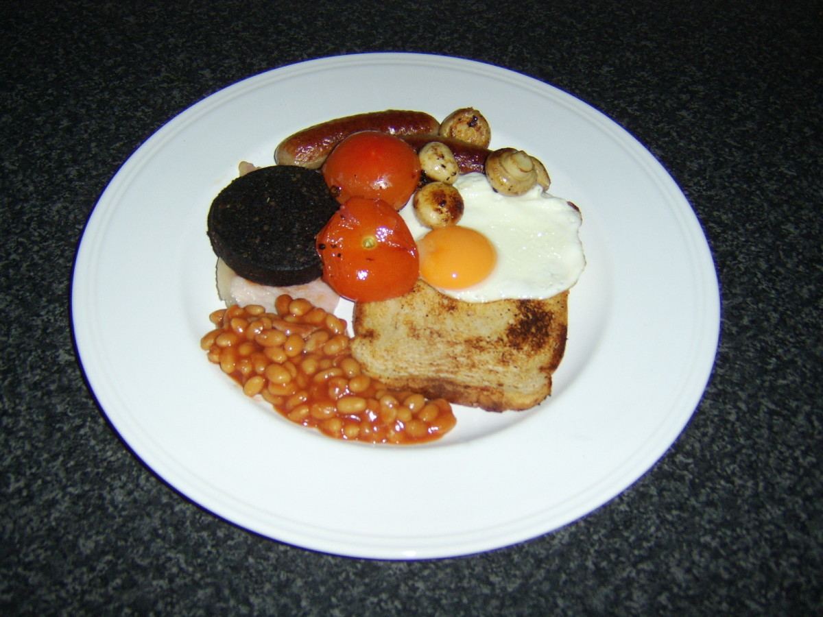 One of the many combinations which can constitute a cooked English breakfast today