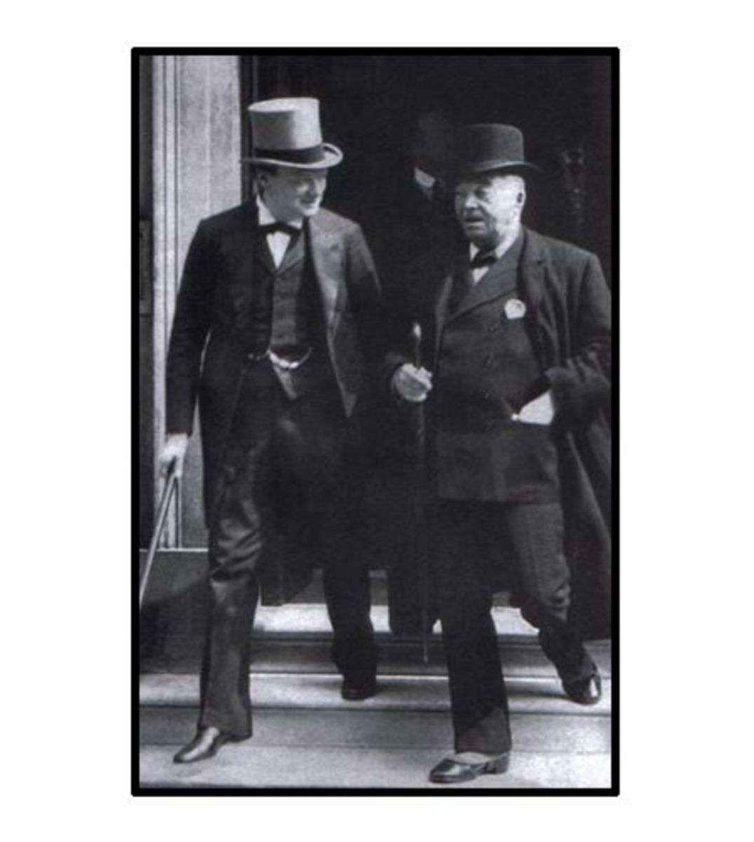 Winston Churchill (left), First Lord of the Admiralty and Lord Fisher (right) after a meeting of the Committee of Imperial Defence. 1913