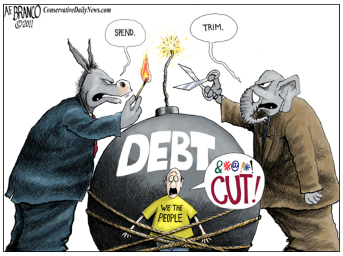 This political cartoon is satirizing the view that Republicans and Democrats contribute to the growing national debt.