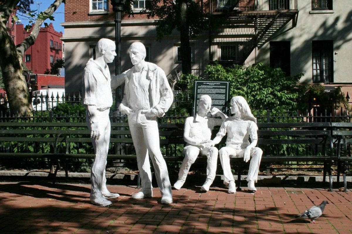 "Gay Liberation" sculpture at new Stonewall National Monument in Greenwich Village. Sculpture by George Segal.