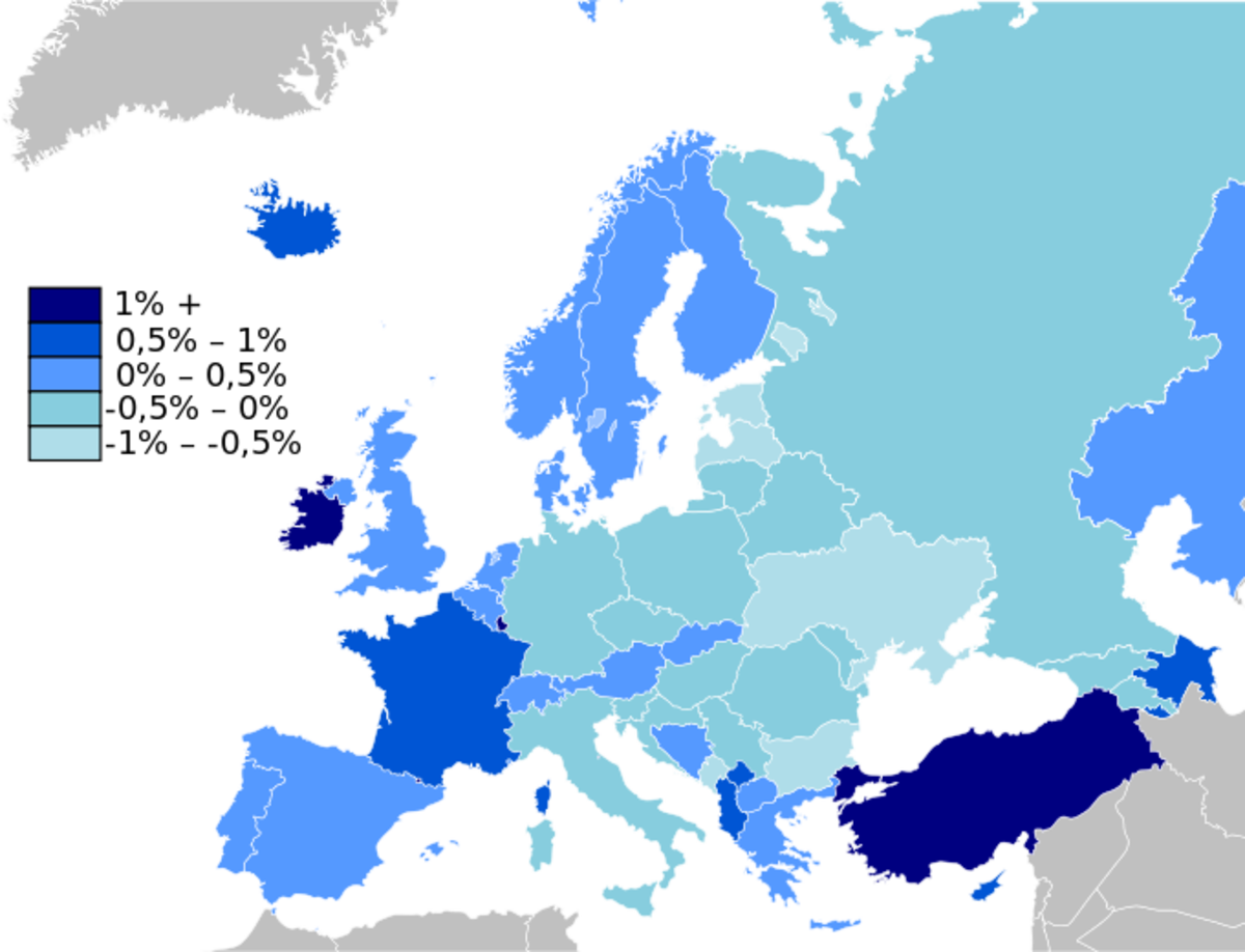 A map of European states by population growth 