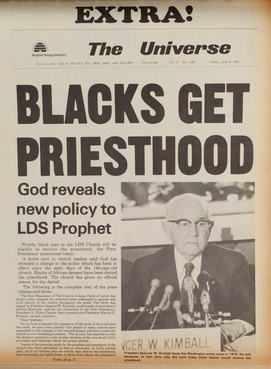 Newspaper headline: "Blacks Get Priesthood."