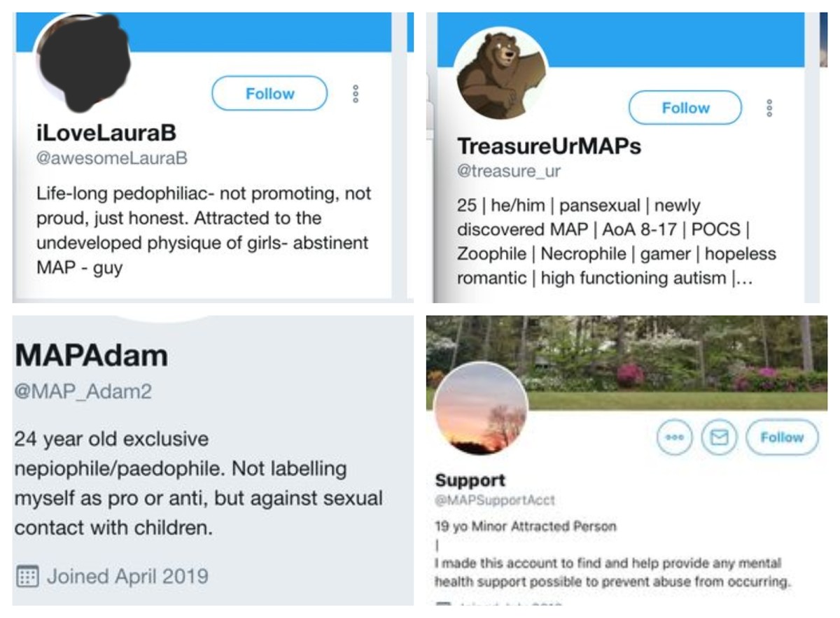 Twitter profiles used by so-called MAPS (Minor Attracted Persons). I redacted part of profile photo #1 as it featured the face of a child. In photo #2 the pedophile lists his 'AOA' (Age of Attraction) as beginning at 8 years old!