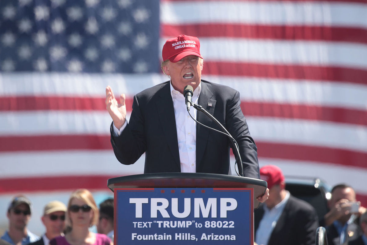 Donald Trump campaigning in 2016 at a rally in Arizona. Photograph by Gage Skidmor, courtesy of Wikimedia Commons (release to the public domain with some rights reserved for attribution to the photographer).