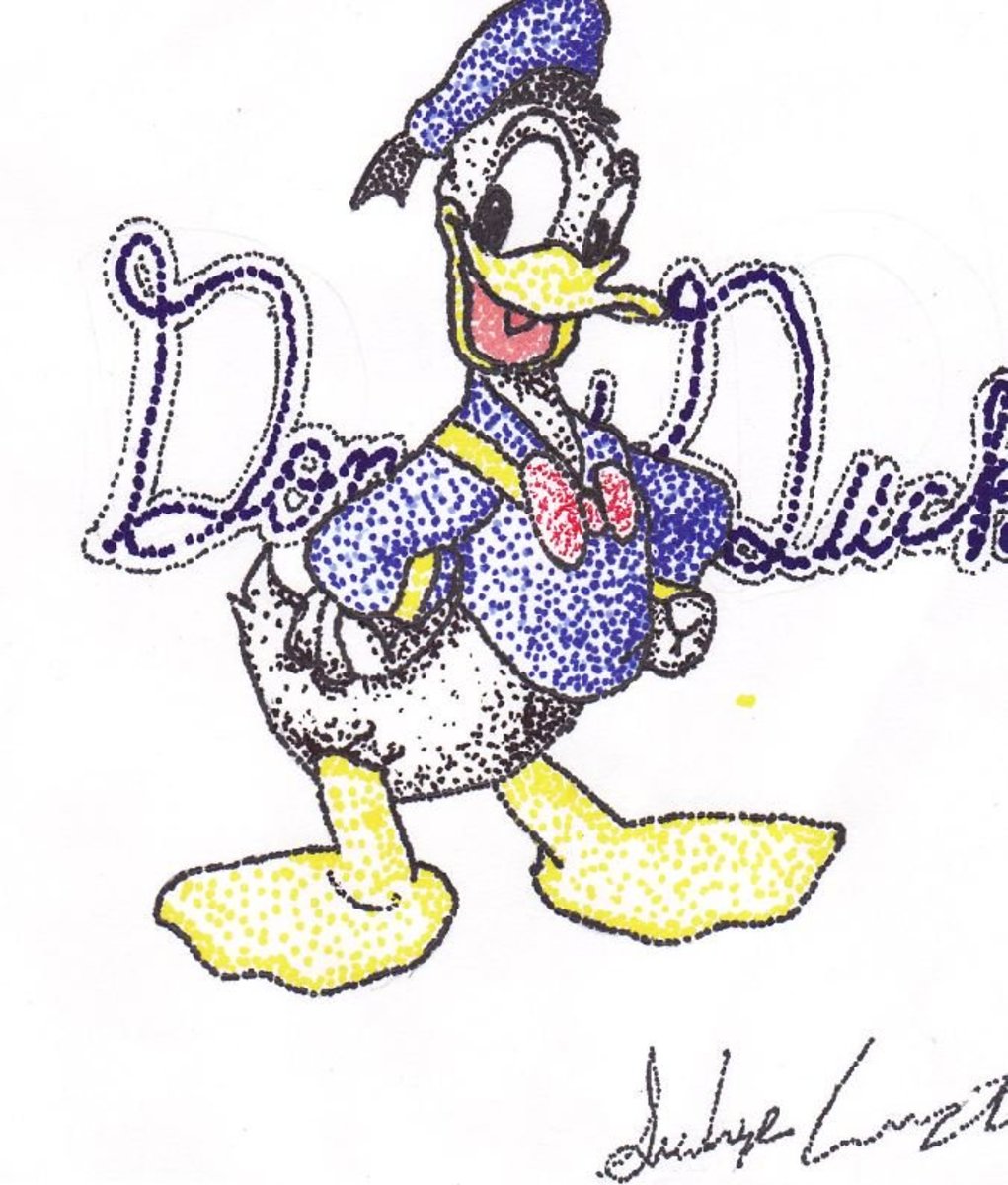 This was my first pointillism piece: Donald Duck!
