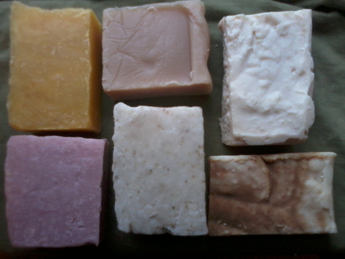 Homemade soap colored naturally: Top row L–R: Pumpkin puree, Coffee, Milk & Bottom row L–R: Kaolin Rose Clay, Kelp powder, Cinnamon