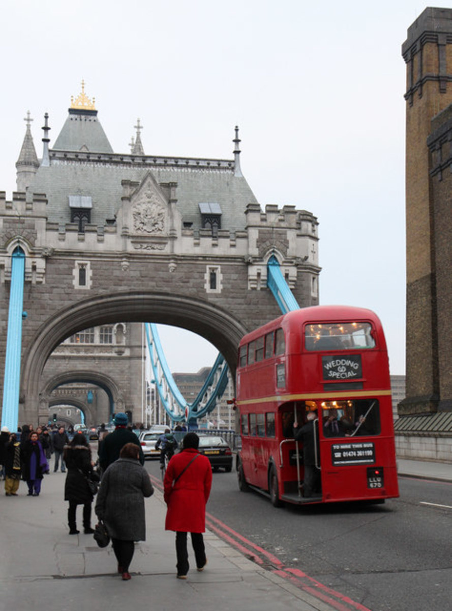 An old Stager London bus on Tower Bridge
