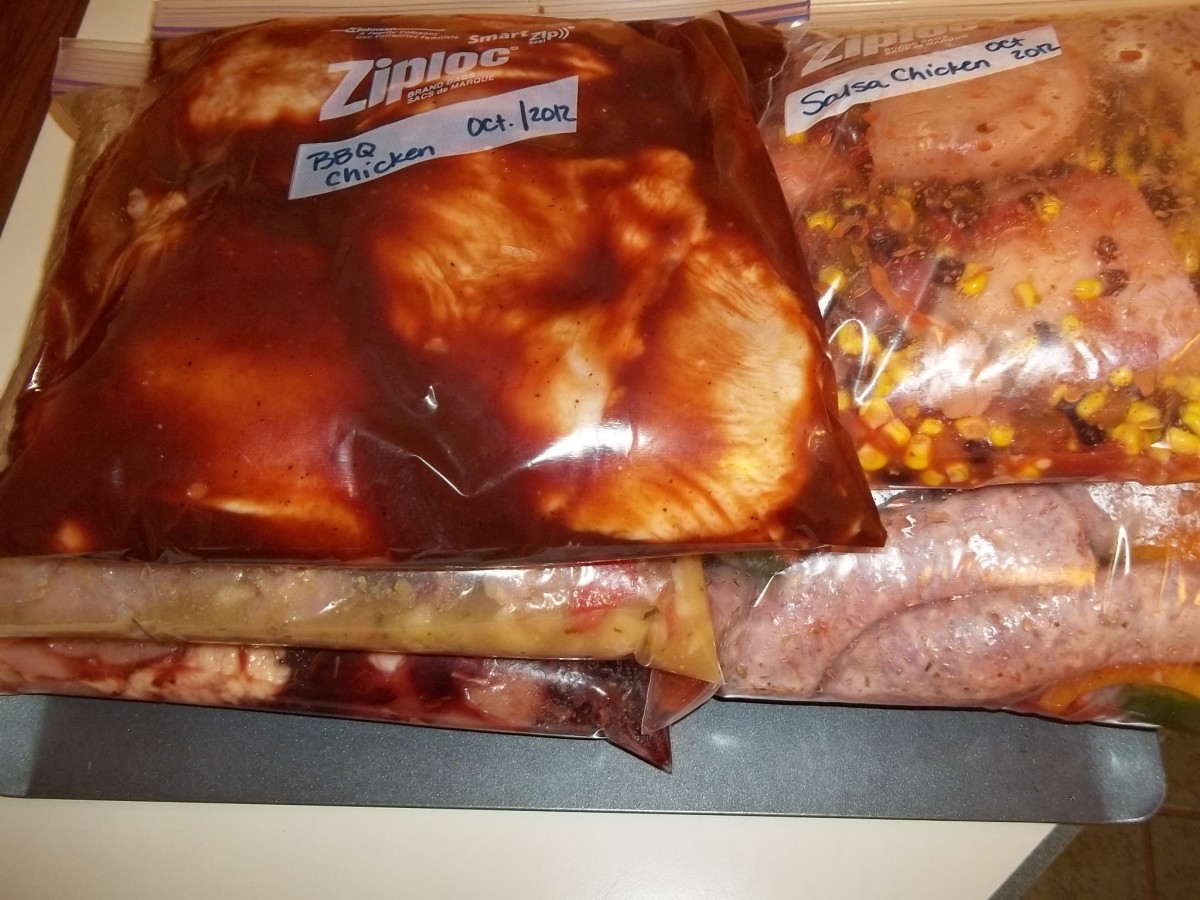 Slow cooker freezer meals ready for the freezer.