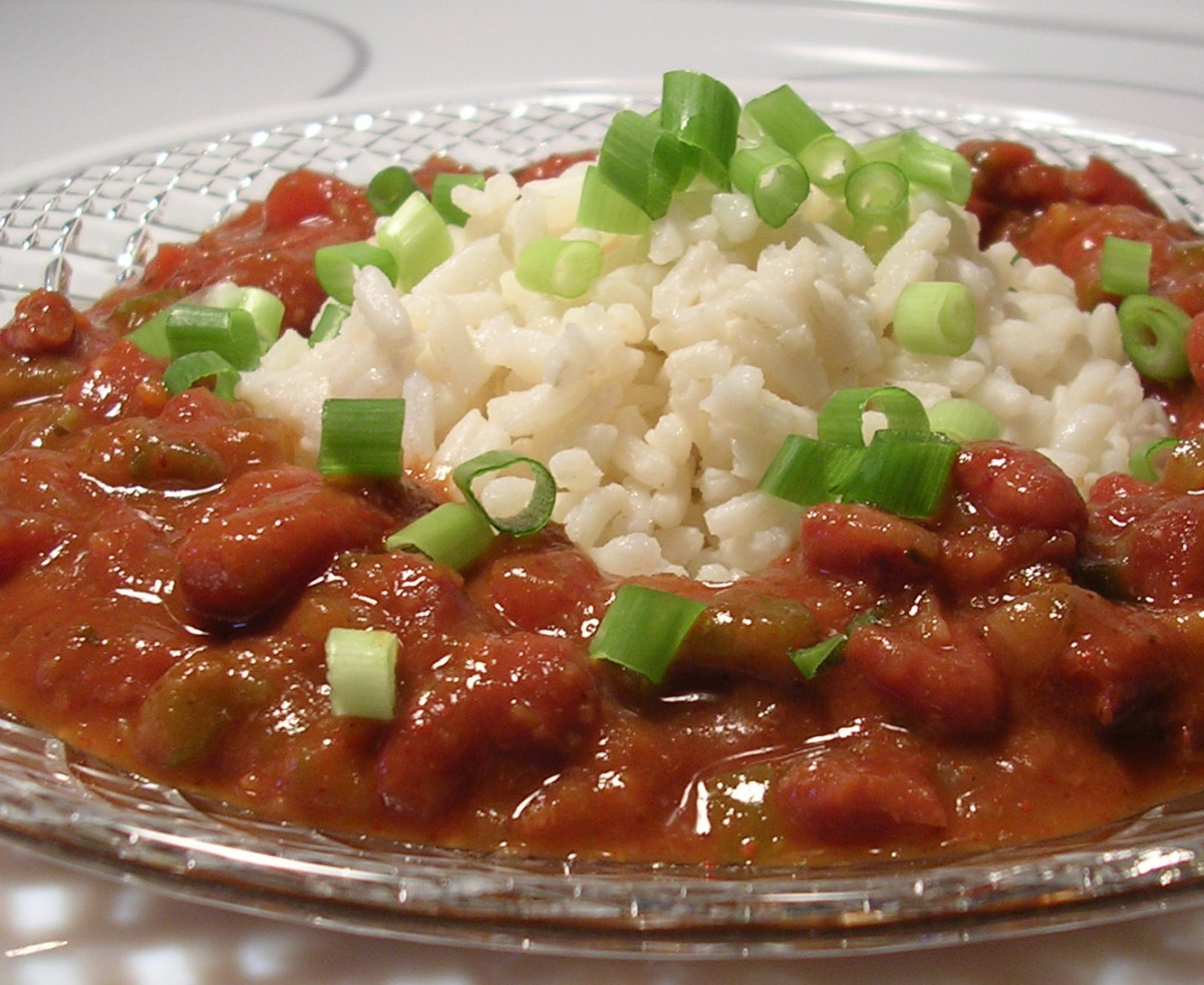 Savory red beans simmered in tomato broth over rice.