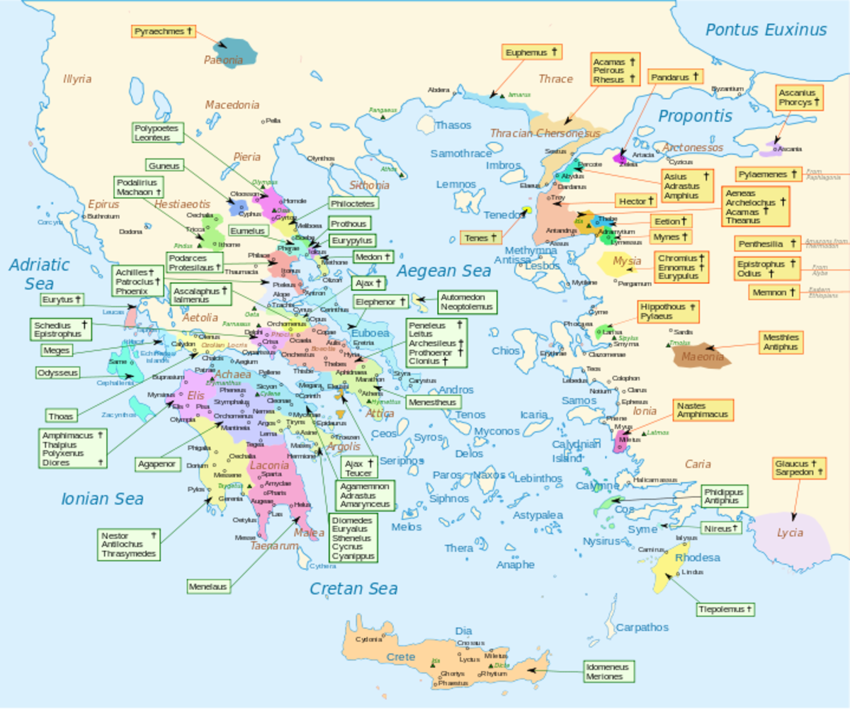 A map of the origins of the Greek and Trojan troops and their leaders in the Trojan War
