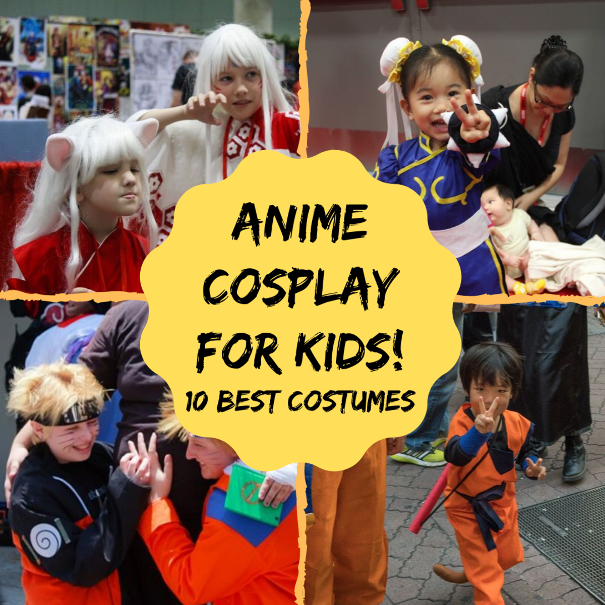 Check out some of the best cosplay ideas for kids who love anime! (Clockwise from top left: Inuyasha, Chun Li, Gohan or Goku, and Naruto.)