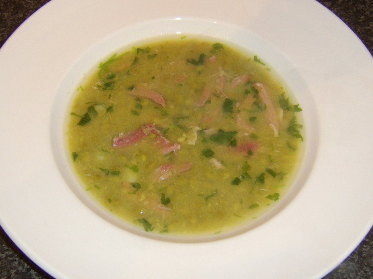 Hot, steaming bowl of deliciously rustic, homemade pea and ham soup