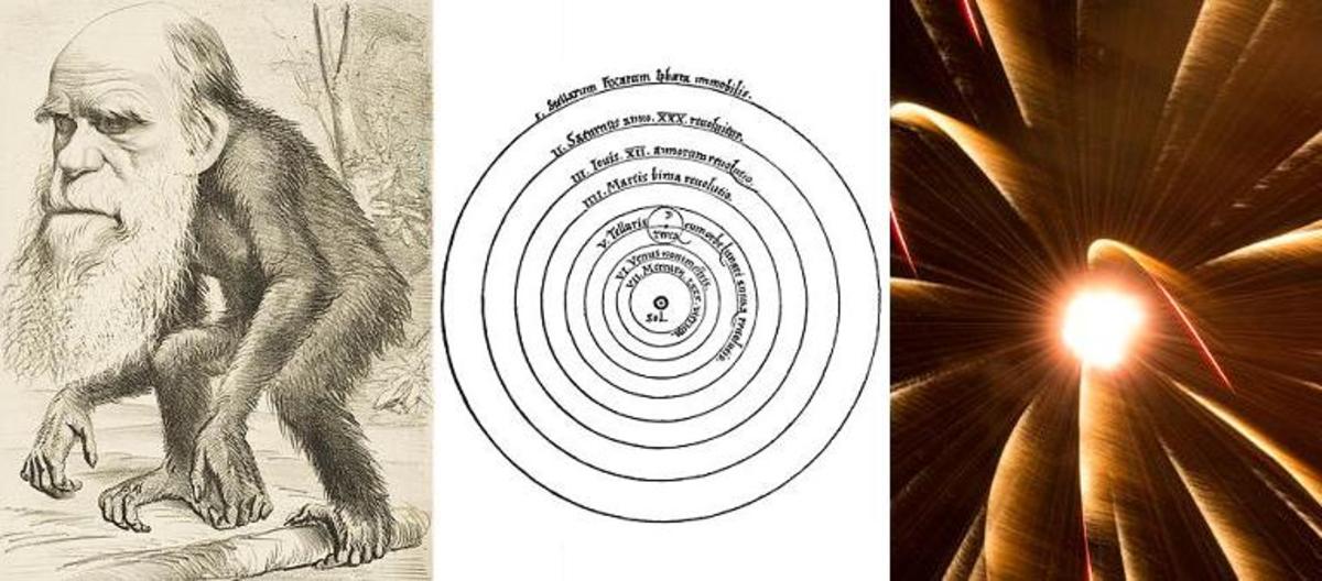 Darwin's evolution (left), the heliocentric universe (center), and the Big Bang (right). Many scientific advances have been resisted by religion.