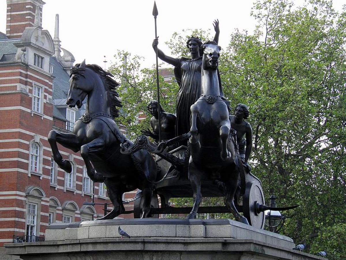 The bronze statue of Boudica with her daughters in her war chariot (furnished with scythes after the Persian fashion) was commissioned by Prince Albert and executed by Thomas Thornycroft, 1905.