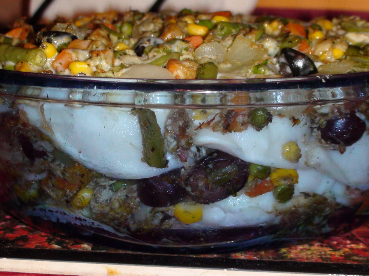 Use any combination of meat and veggies in this layered casserole! Top it with your favorite sauce and dinner is served!