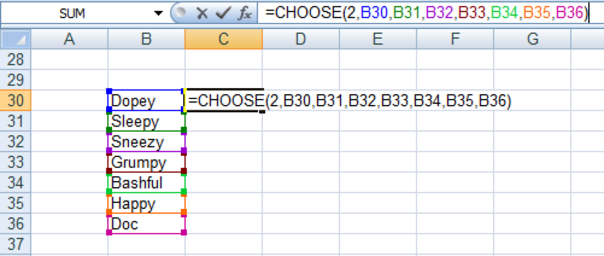 Example of how to use the CHOOSE function to select an item from a list in Excel 2007 and Excel 2010.