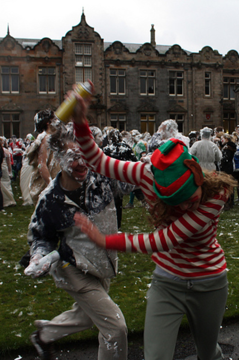 St Andrews students engaging in the traditional shaving foam fight on Raisin Monday.