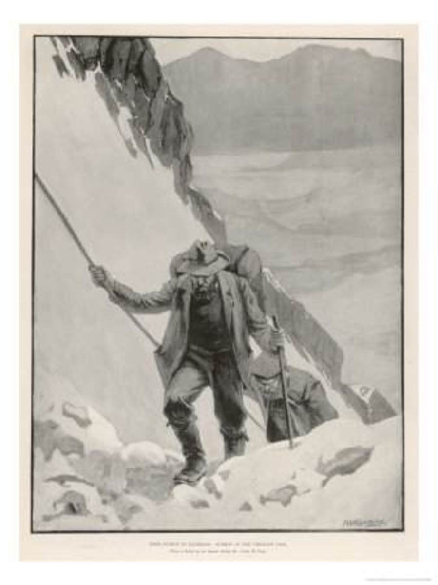 Two men trudge up a mountainside during a harsh Canadian winter. 