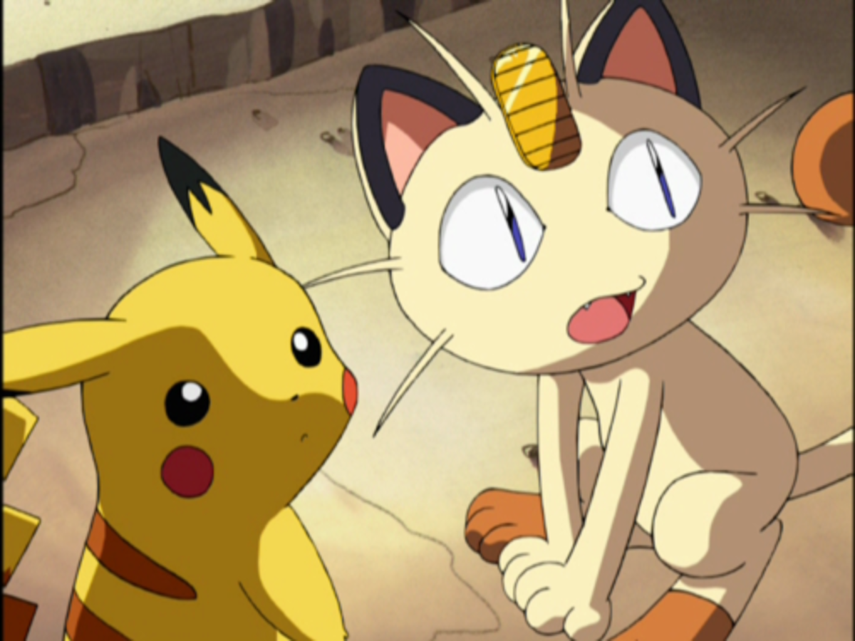 Pokemon and Meowth, one of the many cat characters from the Pokemon series.