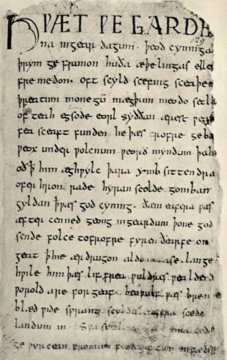 This is a public domain image from Kip Wheeler's homepage at Carson-Newman College. Kip Wheeler declared its status thus: "The original image of the Beowulf manuscript comes from the anonymous Anglo-Saxon scribe who wrote the 'Nowell Codex', Cotton V