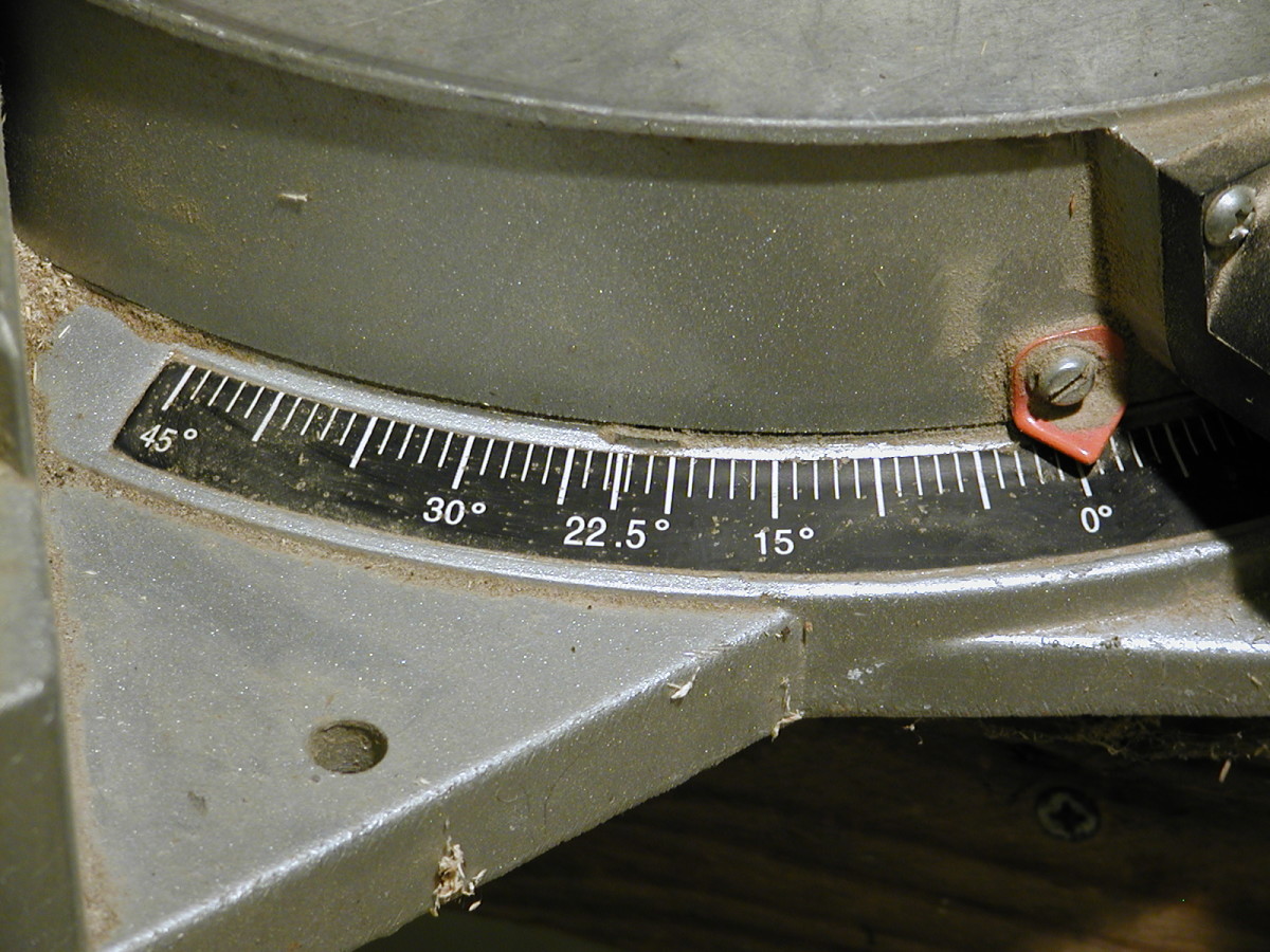 This scale indicates the miter angle. 0 degrees is for cutting right angles. The table can be turned to make cuts up to 45 degrees