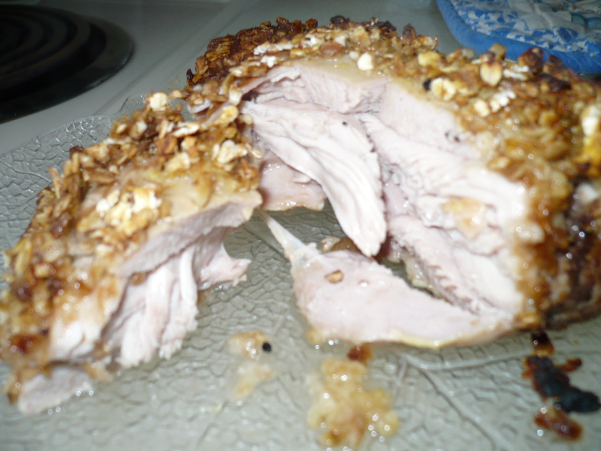 Look at how juicy this turkey thigh is. The Quaker Oats on the turkey thighs tastes crunchy and nutty.