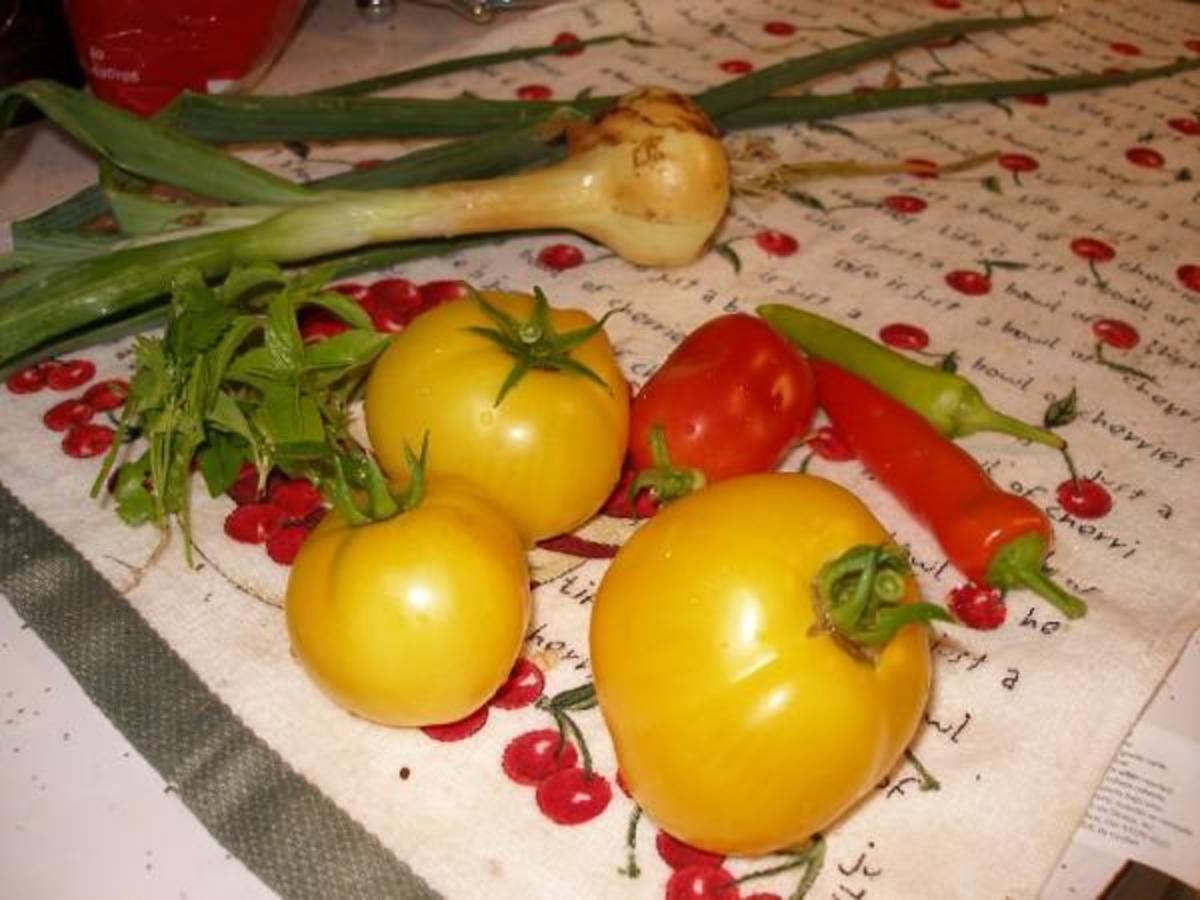 Hungarian hot wax peppers with tomatoes and onions. The start of a yummy salsa!