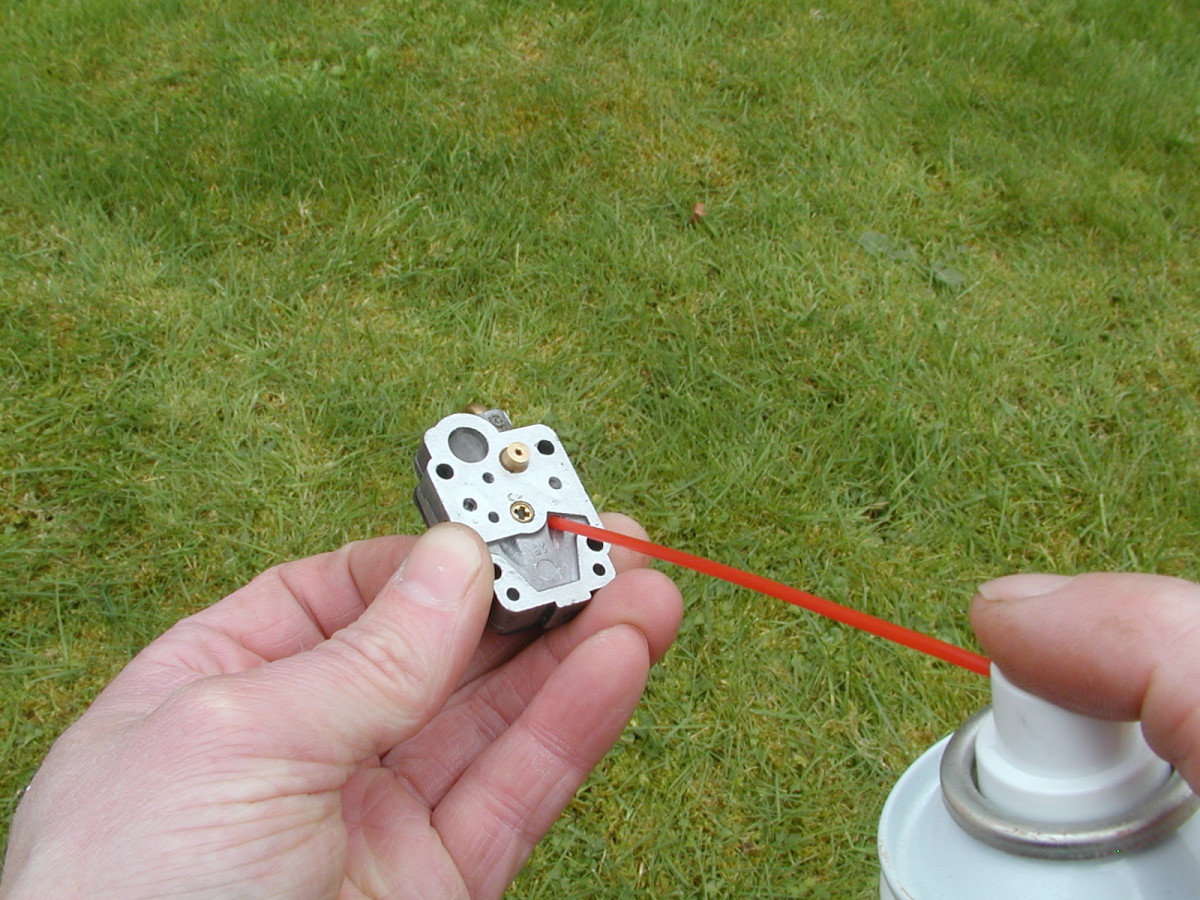 Clean the fuel pathways with carb cleaner. Make sure the outlets are pointed away from your eyes.