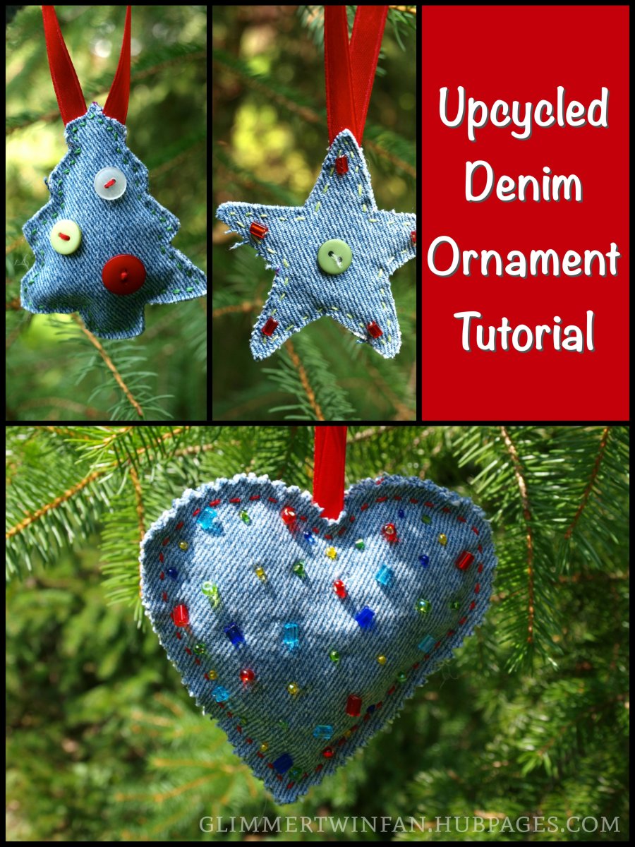 These upcycled ornaments are cute for any occasion, not just Christmas, and are made from recycled denim.  They are a great craft to repurpose old blue jeans.