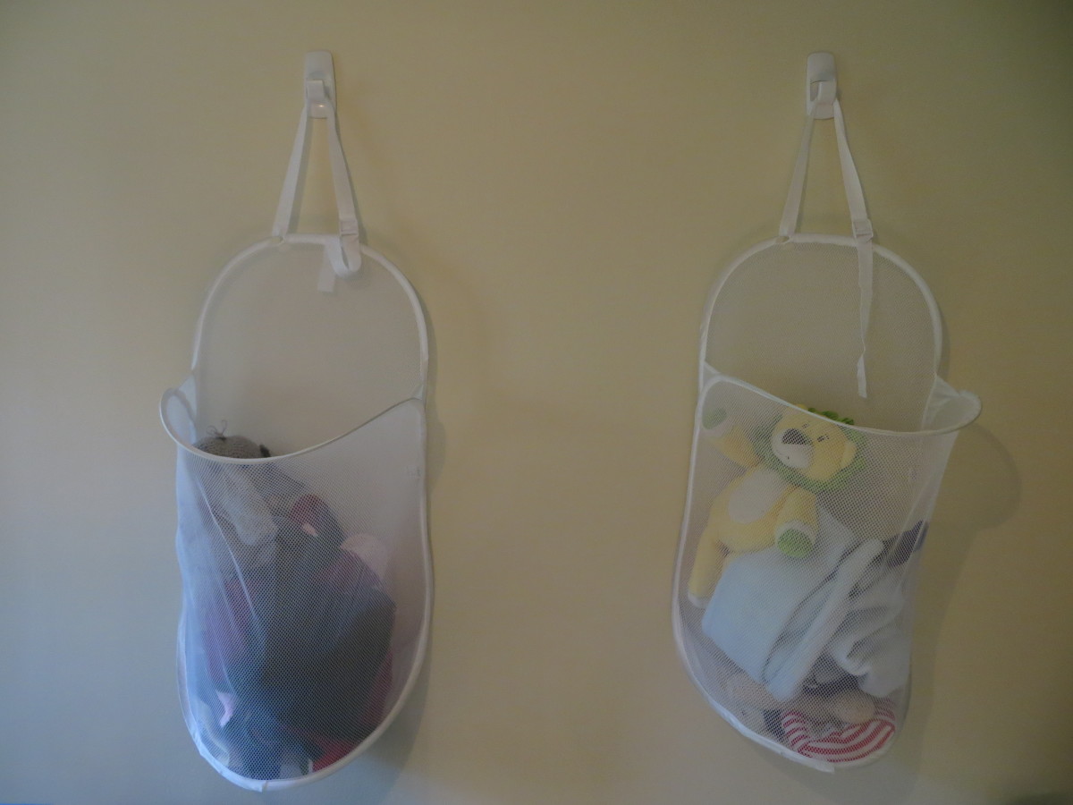 Command hooks are at the heart of this laundry basket storage solution