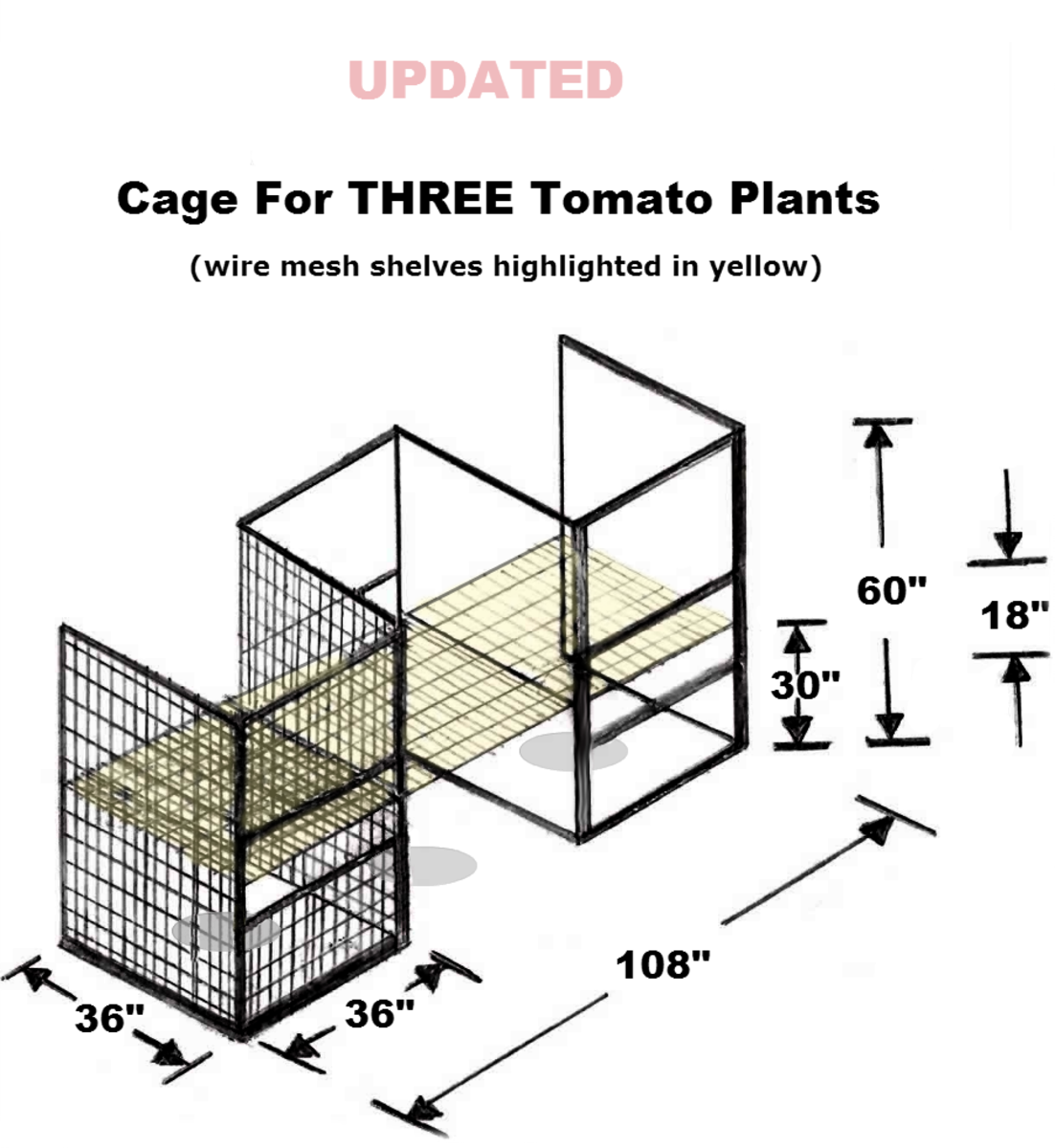 UPDATED drawing by Robert Kernodle of the homemade three-compartment tomato cage.