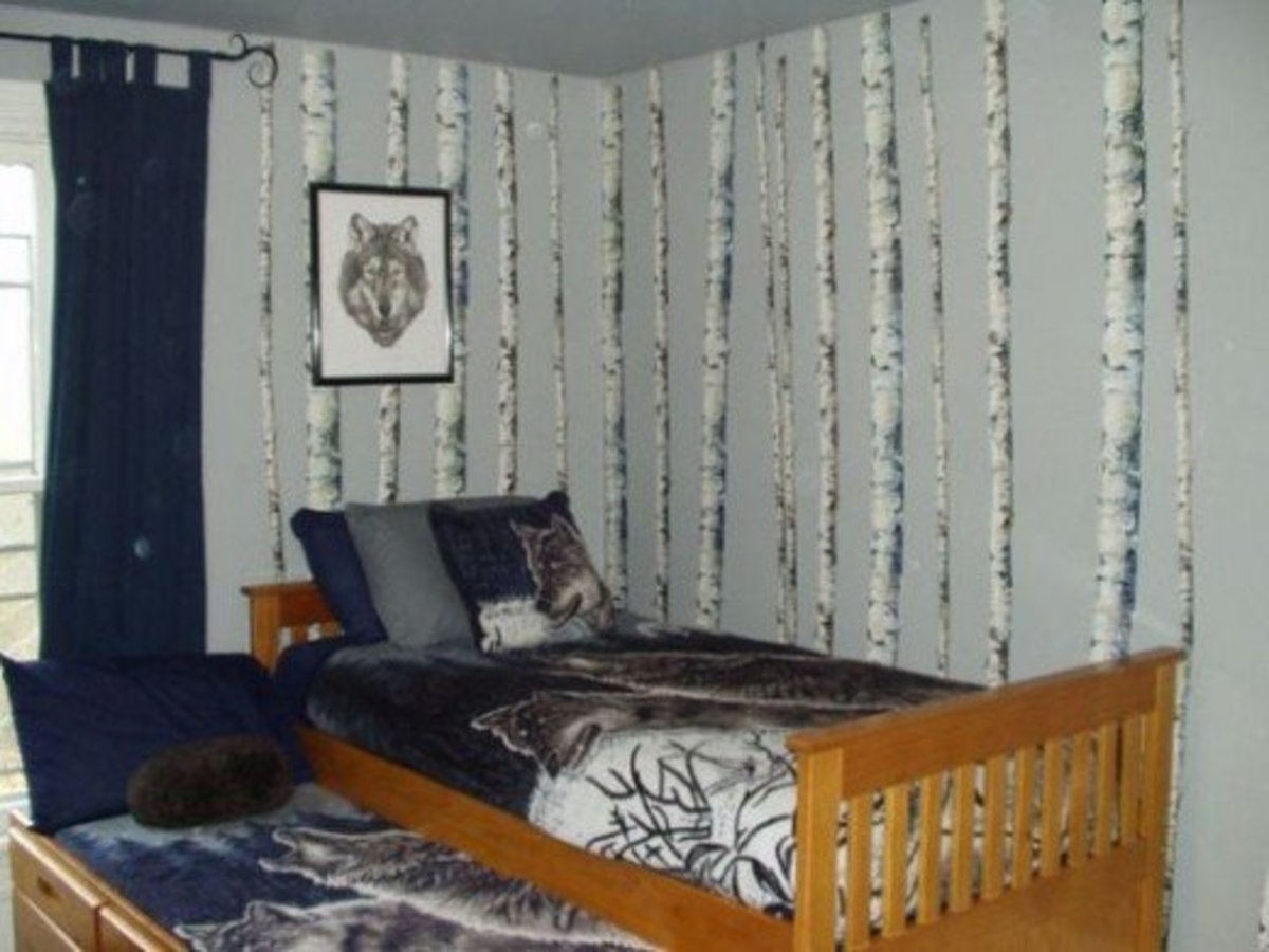 The wolf pen-and-ink drawing over the bed was bought from a local artist. The birch-tree decals and wolf blankets were ordered online.