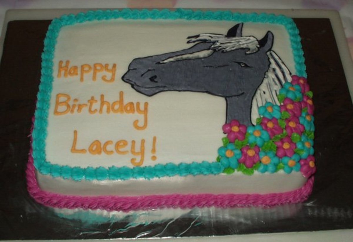 This birthday cake has a horse drawn on using icing.