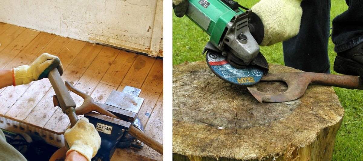 Sharpening a hoe using a stone or alternatively an angle grinder.