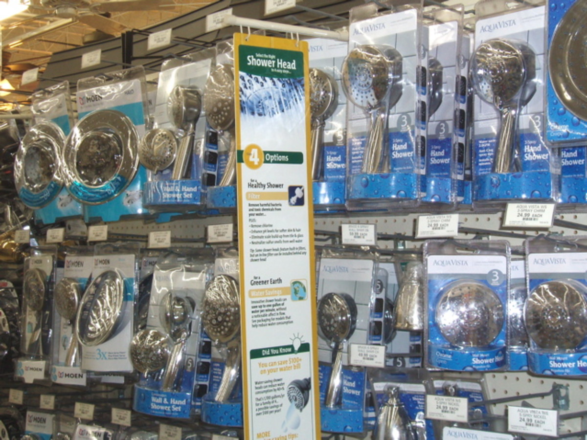 Hardware store shelves full of different types of showerheads give you lots of options.