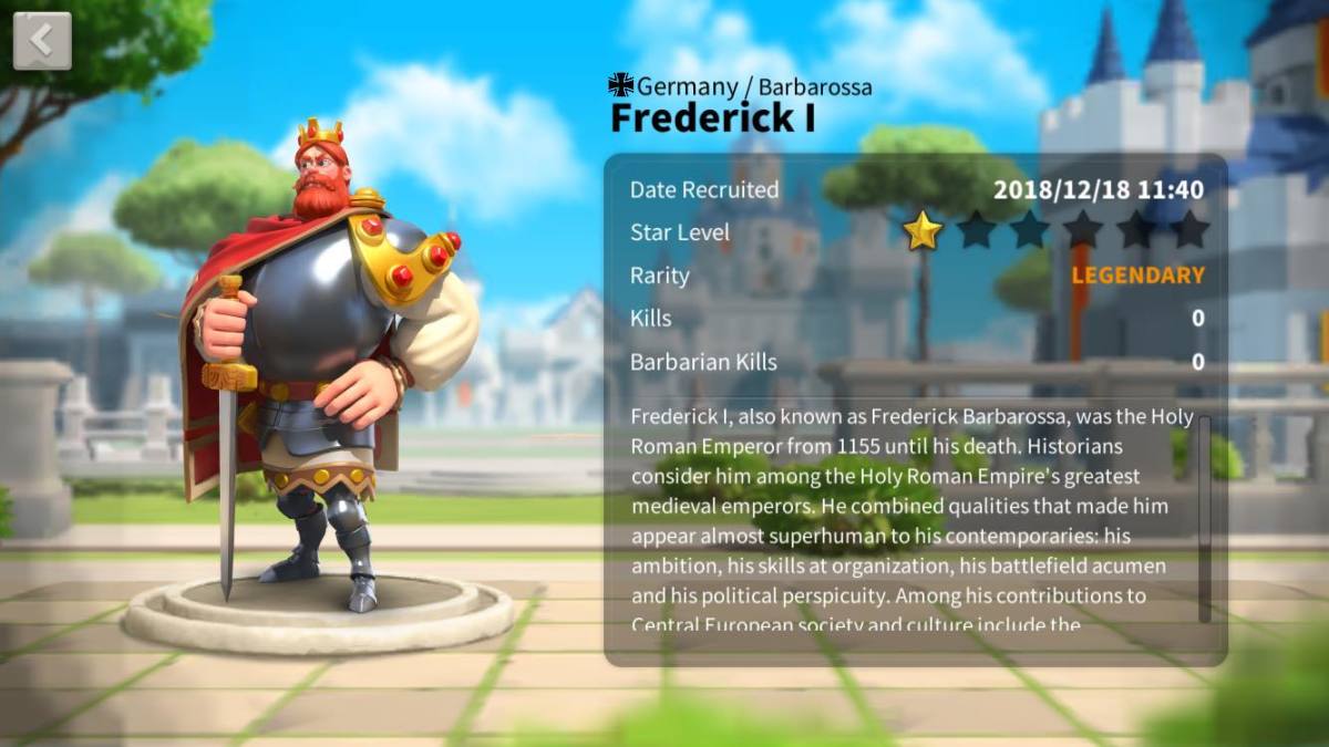 Frederick I Profile Page in "Rise of Kingdoms"