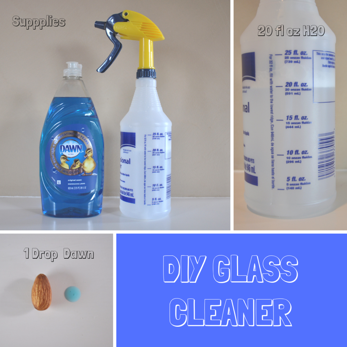 You can make a simple glass cleaner by added 1 drop of Dawn soap to 20 oz of water.