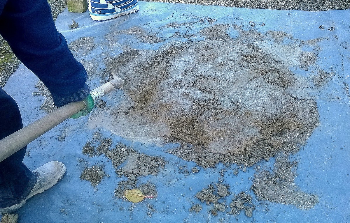 Continue to add water as needed and walk around the perimeter of the pile, folding the mixture over and over towards the centre and "chopping" to distribute water.