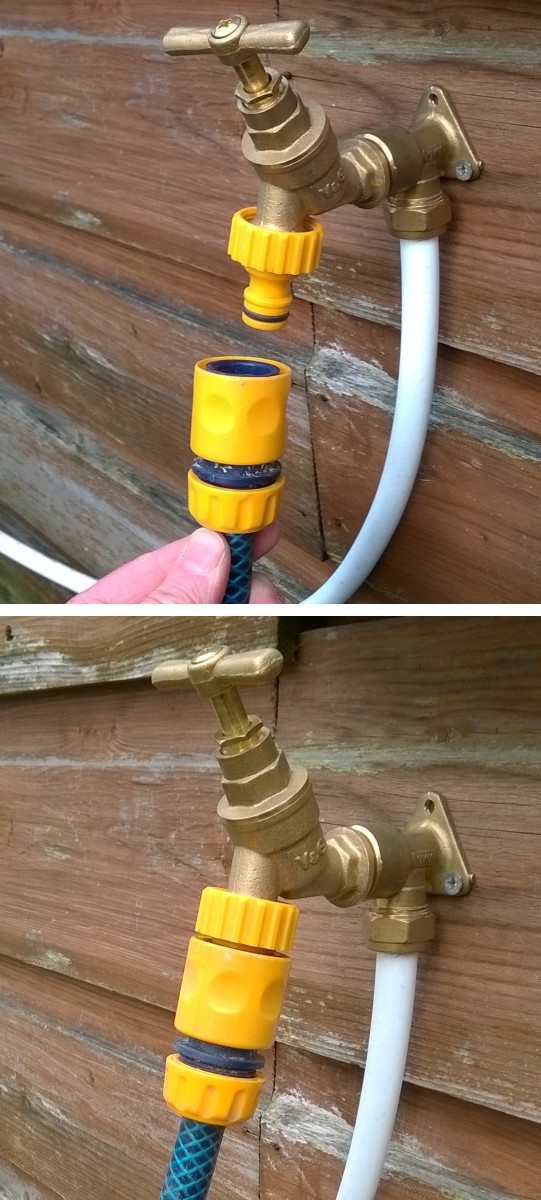 Push fitting a hose end connector onto a garden tap.