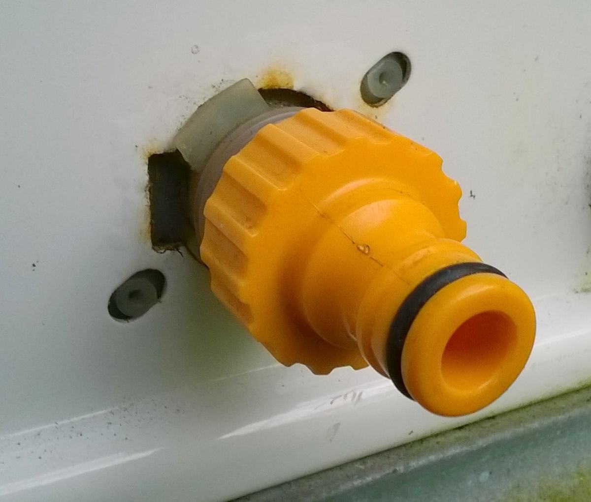 A garden tap connector allows a hose to be used to feed the washing machine. Once this is screwed on, just push fit the hose